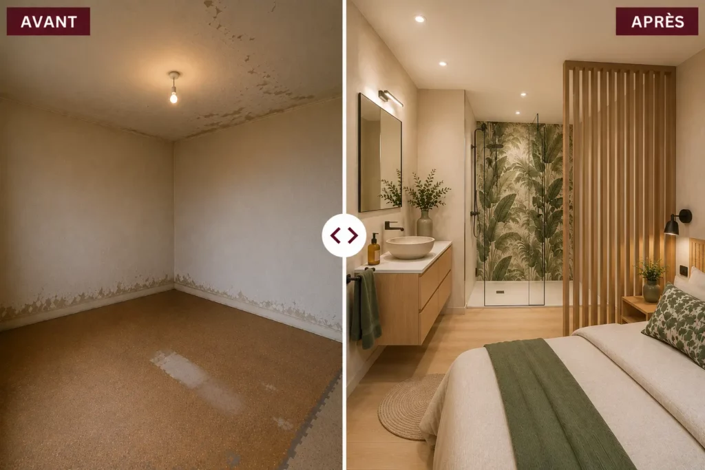 avant après de la création d'une salle de bain dans une chambre parentale
